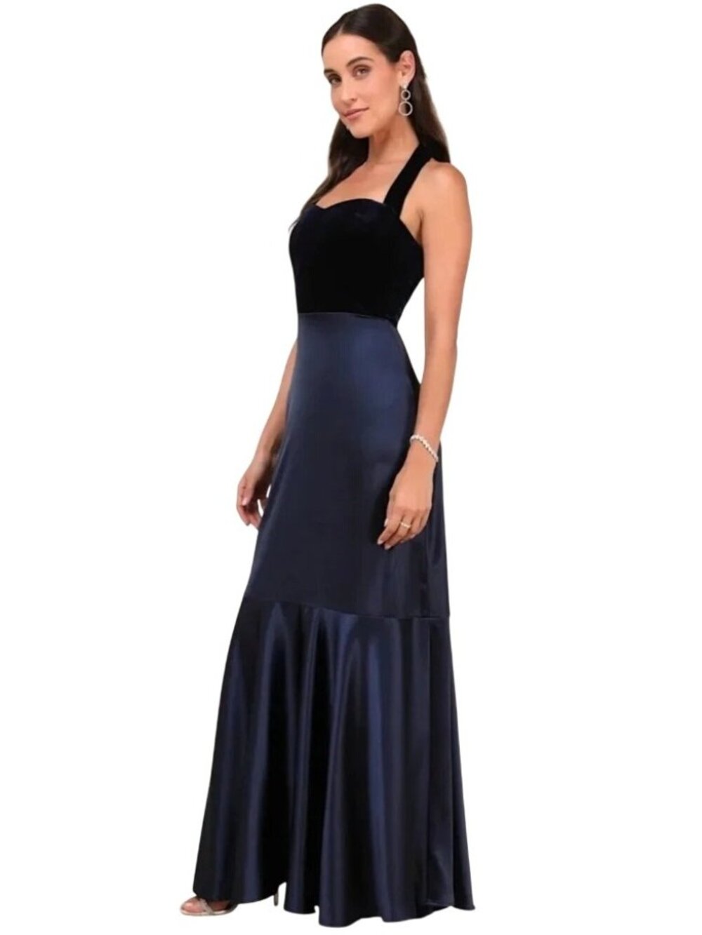 Lulus Mesmerizing Impression Navy Blue Mixed Media Halter Maxi Dress Size Sm NWT